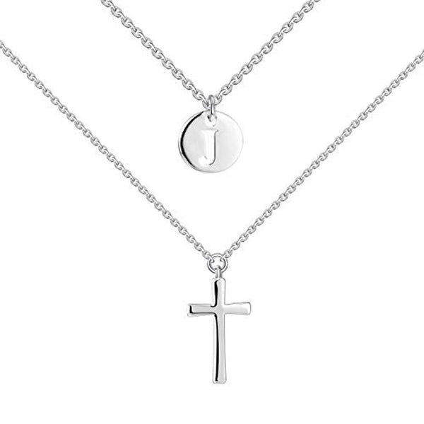 Sideways Cross Necklace Sterling Silver J Letter Initial Pendant Multilayer  Chain Layered Jewelry