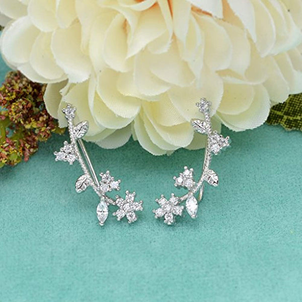 925 Sterling Silver Cubic Zirconia Wedding Flower Ear Sweep Cuff Hook