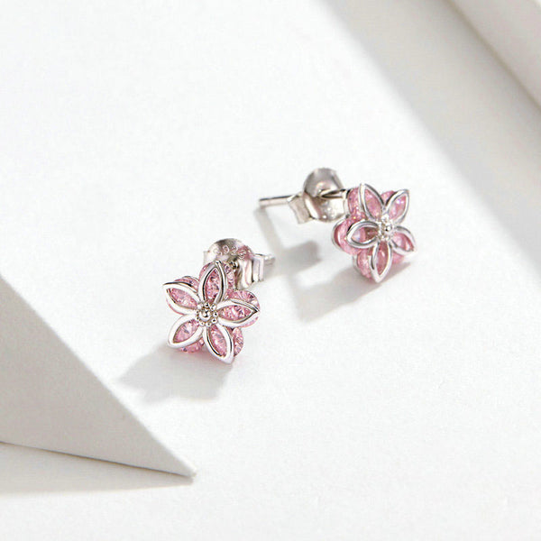 Cherry Blossom Crystal Stud Earrings 925 Stelring Silver Pink