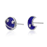 Strolling Planet Stud Earrings Female Blue Star Moon Stud Ear Asymmetry 925 Sterling Silver