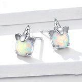 Genuine 925 Sterling Silver White Opal Licorne Animal Stud Earrings for Women Hypoallergenic  Earings for Kids