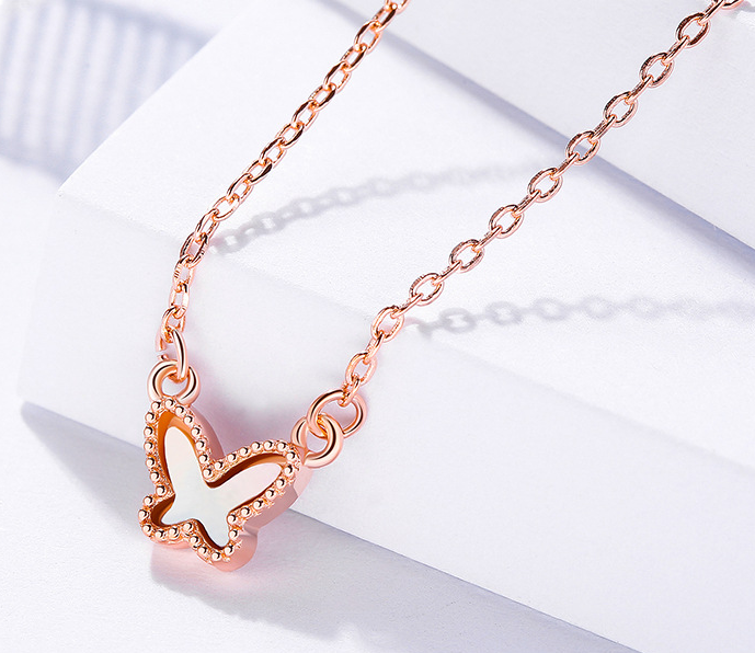 S925 Sterling Silver Necklace Women's Korean Simple Design Shell Jewelry  Butterfly Necklace - Rose gold necklace in sterling silver / 925 silver