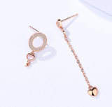 s925 silver heart-shaped earrings female Korean temperament love asymmetric long micro-set earrings