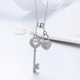 S925 Sterling Silver Heart Lock Key Pendant Necklace White Gold Plated Zircon Necklace