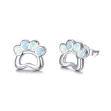 Silver Cute White Opal Paw Animal Colections Stud Earrings