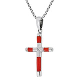 Elegant Cross Reconstructed Red Coral 925 Sterling Silver Pendant Necklace