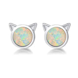 Sterling Silver Tiny Cat Opal Stud Earrings Fire Opal Cute Dot Round Disc Dainty Minimalist Jewelry for Women Girls