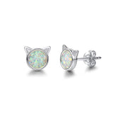 Silver Cat Stud Earrings Opal Cute Animal