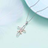 925 Sterling Silver Pink CZ Ribbon Cross Pendant Necklace for Women