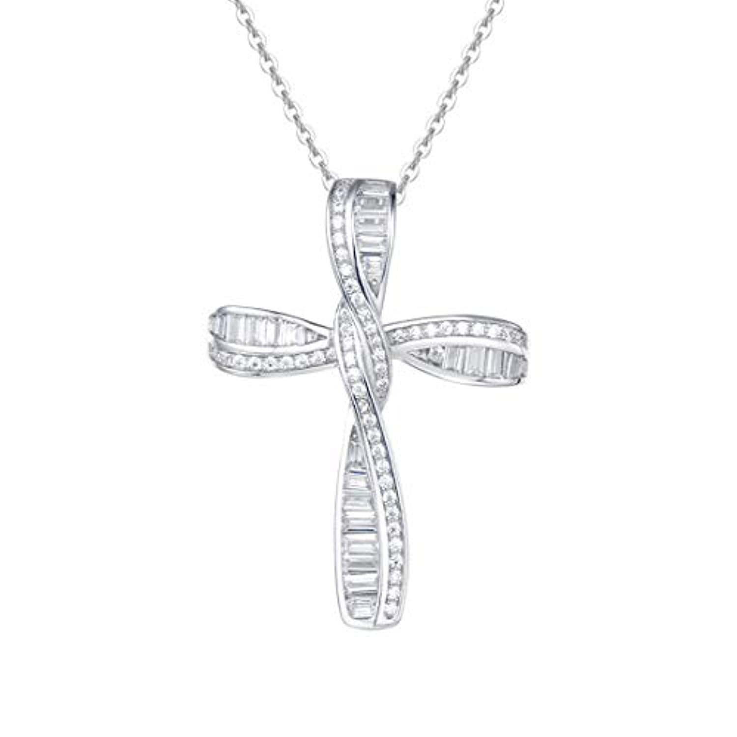 White Gold Plated 925 Solid Sterling Silver CZ Cubic Zirconia Twisted Cross  Infinity Open Loop Crucifix Princess Pendant Necklace For Women Girls, 16