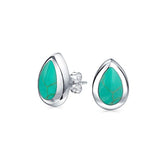 Teardrop Pear Shaped Blue Stabilized Turquoise Bezel Set Stud Earrings For Women 925 Sterling Silver