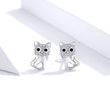 S925 Sterling Silver Cute Clear Cubic Zirconia Cat Lover Stud Earrings for Girls Kids