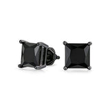 Black Square CZ Solitaire Princess Cut Stud Earrings For Men Women Screwback IP Plated 925 Sterling Silver