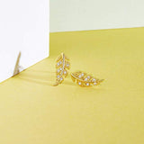 Yellow Gold  plated  Leaf Olive Branch Feather Cubic Zirconia CZ Stud Earrings Fashion Jewelry