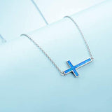 S925 Sterling Silver Sideways Cross Choker Opal Necklace for Women