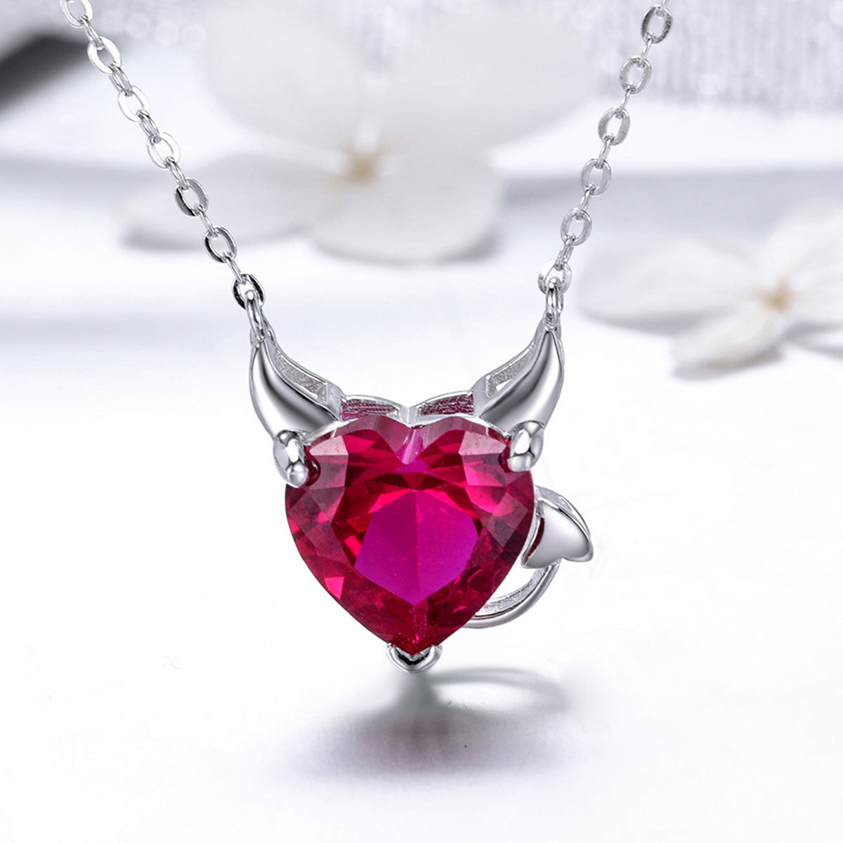 S925 Sterling Silver Red Devil Pendant Necklace White Gold Plated Zirc