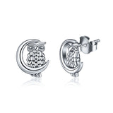 Moon and Owl S925 Sterling Silver Stud Earrings Hypoallergenic Silver Jewelry Creative Gift