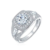 Art Deco Style 2CT Square Cushion Cut Solitaire 925 Sterling Silver Pave Halo CZ Engagement Ring Split Baguette Band