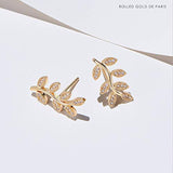 Yellow Gold plated Leaf Olive Branch Feather Cubic Zirconia CZ  stud Earrings Fashion Jewelry