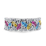 Rhodium Plated Sterling Silver Multi Color Cubic Zirconia CZ Cluster Art Deco Cocktail Fashion Right Hand Ring