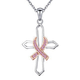 Silver Pink CZ Ribbon Cross Pendant Necklace