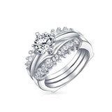 1CT Brilliant Cut Round Solitaire AAA CZ Band Inset Guard Enhancers Engagement Wedding Ring Set 925 Sterling Silver