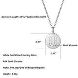 Sterling Silver Initial Pendant Necklace Round Disc CZ Initial White Gold Plated Dainty Alphabet  Necklace