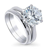 Rhodium Plated Sterling Silver Round Cubic Zirconia CZ Solitaire Engagement Wedding Ring Set