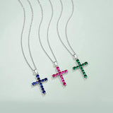 White Gold Plated 925 Sterling Silver Blue Red Corundum Green Spinel Cross Pendant Necklace For Women Girls, 16