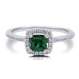 Rhodium Plated Sterling Silver Simulated Emerald Cushion Cut Cubic Zirconia CZ Halo Promise Engagement Ring