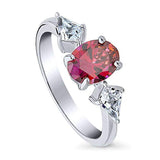 BRhodium Plated Sterling Silver Red Oval Cut Cubic Zirconia CZ 3-Stone Anniversary Promise Engagement Ring