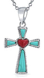 Southwestern Style Stabilized Turquoise Rope Edge Red Heart Cross Pendant Sterling Silver Necklace