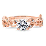 Rose Gold Plated Sterling Silver Round Cubic Zirconia CZ Solitaire Leaf Filigree Promise Engagement Ring