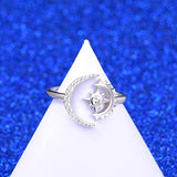 Sterling Silver Moon Sun Ring for Women Girls Crescent Moon&Star Adjustable Wrap Open Ring