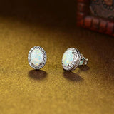 Sterling Silver White Opal Stud Earrings Oval Halo Cubic Zirconia  Fire Opal Fine Jewelry for Women