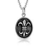 Oval Shape Medallion Fleur De Lis Pendant Necklace For Women For Girlfriend Oxidized 925 Sterling Silver