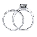 Rhodium Plated Sterling Silver Emerald Cut Cubic Zirconia CZ Solitaire Engagement Wedding Ring Set