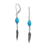 Native American Style Stabilized Turquoise Feather Leaf Leverback Dangle Earrings For Women Teen 925 Sterling Silver