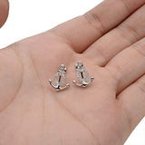 925 Sterling Silver Cubic Zirconia Nautical Theme Anchor Stud Earrings Clear