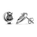 925 Sterling Silver 13 mm Midnight Wisdom Owl On A Crescent Moon Symbol Post Stud Earrings