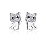 Silver Cute Clear Cubic Zirconia Cat Lover Stud Earrings