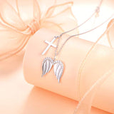 925 Sterling Silver Guardian Angel Wings Cross Pendant Necklace for Women