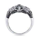 Black Rhodium Plated Sterling Silver Cubic Zirconia CZ Statement Art Deco Filigree Cocktail Fashion Right Hand Ring