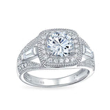 Art Deco Style 2CT Square Cushion Cut Solitaire 925 Sterling Silver Pave Halo CZ Engagement Ring Split Baguette Band