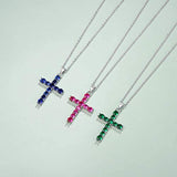 White Gold Plated 925 Sterling Silver Blue Red Corundum Green Spinel Cross Pendant Necklace For Women Girls, 16