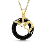 Asian Style Round Open Circle Disc Black Onyx Dragon Pendant Necklace For Women 925 Sterling Silver