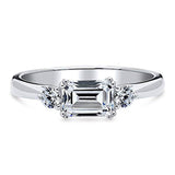 Rhodium Plated Sterling Silver 3-Stone East-West Promise Engagement Ring Made with Swarovski Zirconia Emerald Cut