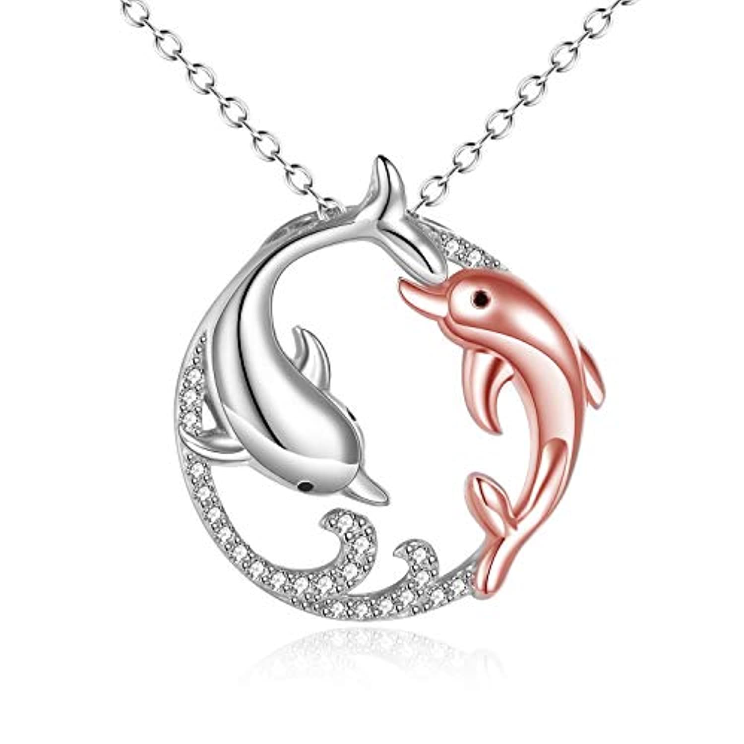 Sterling Silver Dolphin Necklaces Crystal Dolphin Pendant Ocean Wave J