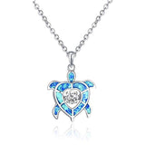 925 Sterling Silver Cubic Zirconia Blue Fire Opal Sea Turtle Pendant Necklace