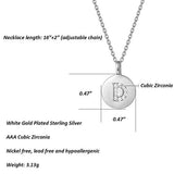 Sterling Silver Initial Pendant Necklace Round Disc CZ Initial White Gold Plated Dainty Alphabet  Necklace